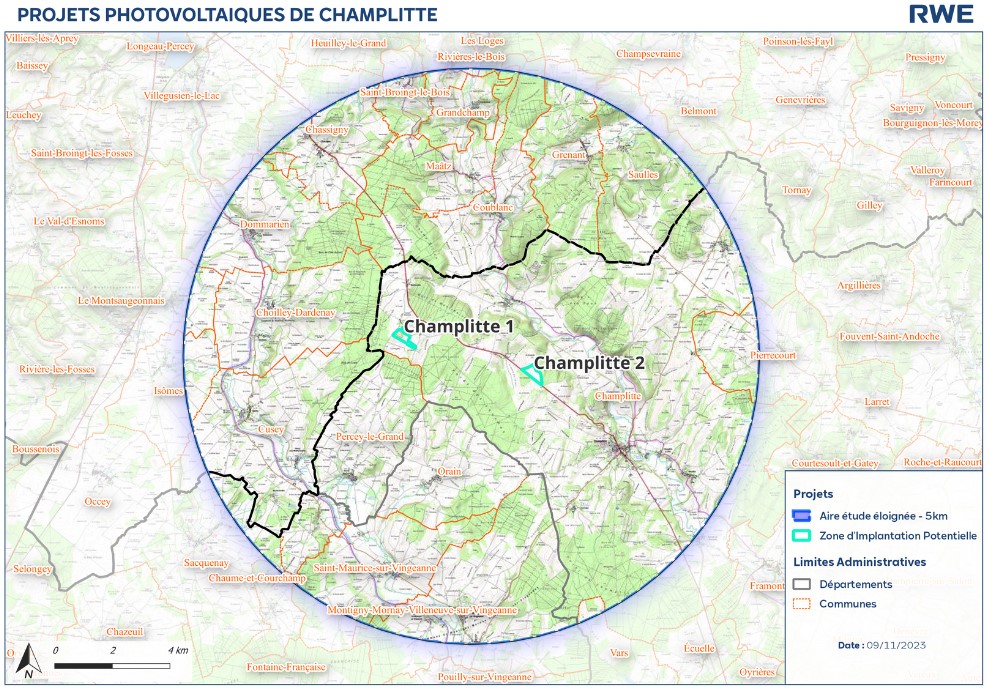 Carte de l'implantation potentielle des projets solaires de Champlitte